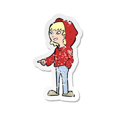 retro distressed sticker of a cartoon pointing teenager