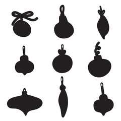 Christmas tree toy silhouette. Merry Christmas and Happy New Year set illustration. Retro doodle scrap vector design