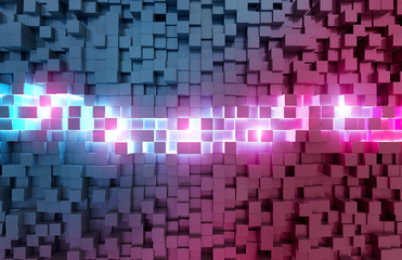 Glowing black blue and pink squares background pattern 3D rendering
