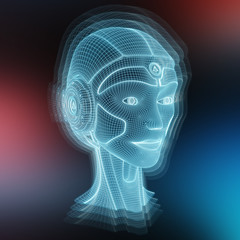 Wireframed robotic woman head representing artificial intelligence 3D rendering