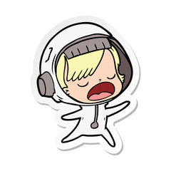 sticker of a cartoon talking astronaut woman