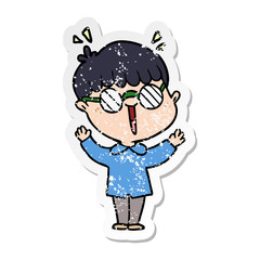 distressed sticker of a cartoon boy wearing spectacles