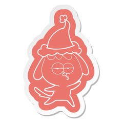 cartoon  sticker of a bored dog wearing santa hat