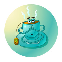 Cute cartoon cup of tea sitting on the saucer, relaxing and meditating. Vector illustration. EPS 10.