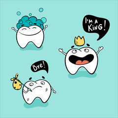 Cute teeth character set with different emotions. Happy bathing tooth and crowned one and sad sick cartoon tooth, going away from mouth.