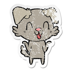 distressed sticker of a laughing cartoon dog shrugging shoulders