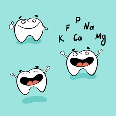 Cute tooth character set with different emotions. Happy and jumping cartoon teeth. One of them showing all the elements which should be in a healthy tooth.