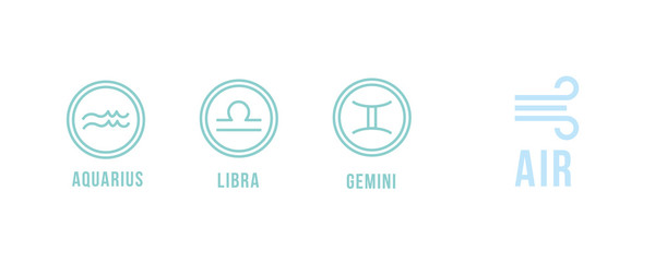 3 air zodiac signs - aquarius, libra, gemini. Round icons. - 254844795