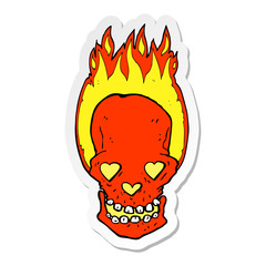 sticker of a cartoon flaming skull with love heart eyes