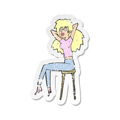 retro distressed sticker of a cartoon woman posing on stool