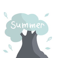 Summer. White letters. Tree in cartoon style.