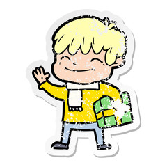 distressed sticker of a cartoon happy boy