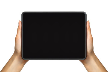 Women's hand showing black tablet, concept of taking photo or selfie