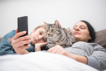 Familie mit Katze schaut ins Handy