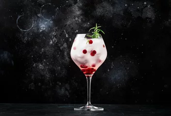 Foto op Plexiglas Cranberry cocktail with ice, rosemary and berries in big wine glass, bar tools, gray bar counter background, top view © 5ph