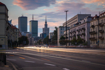 Panorama of skyscrapers in the center of Warsaw at sunset, Poland