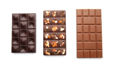 Obraz premium Different bars of tasty chocolate on white background