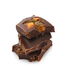 Tasty milk chocolate with candied fruit and nuts on white background