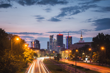 Panorama of skyscrapers in the center of Warsaw at sunset, Poland