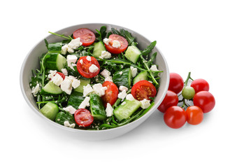 Bowl with healthy salad on white background