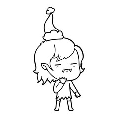 line drawing of a undead vampire girl wearing santa hat