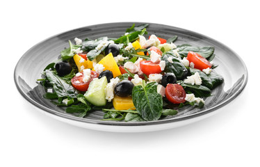 Plate with healthy salad on white background