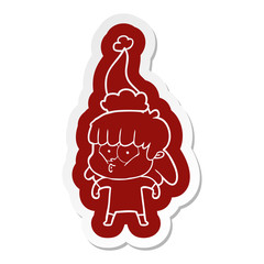 cartoon  sticker of a whistling girl wearing santa hat