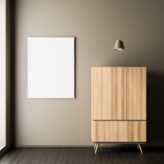Mock up poster frame in scandinavian style interior with wooden wardrobe. Minimalist interior design. 3D illustration.