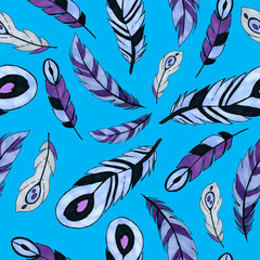 purple feathers seamless pattern. colorful bird feathers repeating background for web and print purpose. marker art