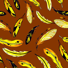 yellow and orange feathers seamless pattern. colorful bird feathers repeating background for web and print purpose. marker art