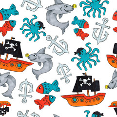 pirate seamless pattern. colorful objects repeating background for web and print purpose. marker art