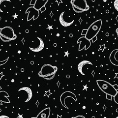 Modèle de Doodle avec ciel nocturne Lune, Saturne, fusée et étoiles fond transparent Illustration vectorielle dessinés à la main