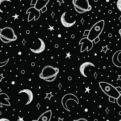 Stickers meubles Cosmos Modèle de Doodle avec ciel nocturne Lune, Saturne, fusée et étoiles fond transparent Illustration vectorielle dessinés à la main