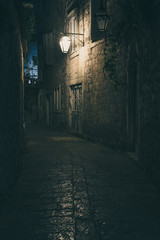 Fototapeta na wymiar Old street at night illuminated by vintage streetlight.