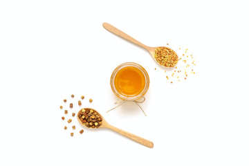 Parchment, pollen, honey bee on a white background.