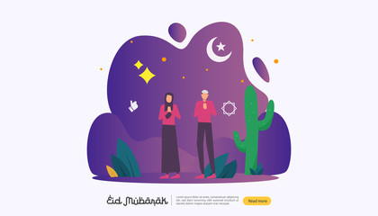 islamic design illustration concept for Happy eid mubarak or ramadan greeting with people character. template for web landing page, banner, presentation, social, poster, ad, promotion or print media