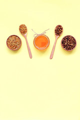 Perga, pollen, honey bee on a yellow background.