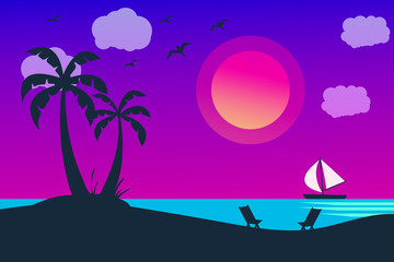 Vector seascape and sky background. Tropical Beach and Palm Trees Silhouette Travel Holiday Vacation Concept.