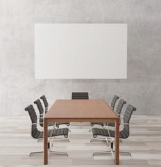 Empty meeting room with chairs, wooden table ,wooden floor ,concrete wall ,poster for mock up,3d rendering
