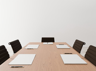 Close up empty meeting room with chairs, wooden table, notebook, concrete wall for copy space and...