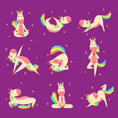 Funny Unicorn Practicing Yoga Exercises Set , Fantasy Lovely Horse Character with Rainbow Mane and Tail Vector Illustration