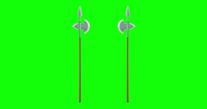 4K animation of two intersecting vintage halberds on a white and green background. 4K video vintage bladed weapons