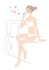 女性　コップ　ベッド