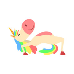 Funny Unicorn in Yoga Position, Fantasy Beautiful Horse Character with Rainbow Mane and Tail Practicing Yoga Exercise Vector Illustration