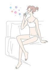 女性　コップ　ベッド