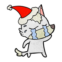 textured cartoon of a crying wolf wearing santa hat