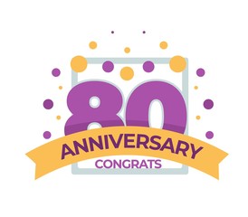 80 Anniversary congrats birthday isolated icon with confetti and ribbon