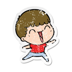 distressed sticker of a cartoon happy man laughing