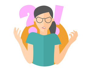 Angry girl in glasses. Woman in rage. Flat design icon. Isolated illustration