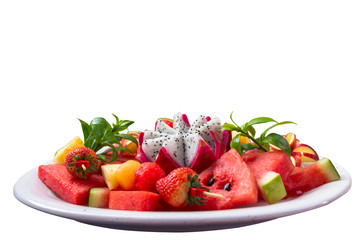Fruits combine bright colors in a white plate. Top view. isolated and clipping past on white background